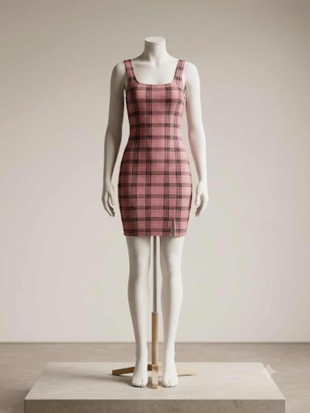 Popular Basics Pink Plaid Square-Neck Mini Dress